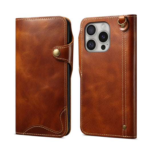 For iPhone 16 Pro Denior B01 Oil Wax Cowhide Magnetic Button Genuine Leather Case(Brown) - iPhone 16 Pro Cases by Denior | Online Shopping UK | buy2fix