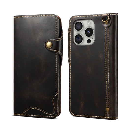 For iPhone 16 Pro Max Denior B01 Oil Wax Cowhide Magnetic Button Genuine Leather Case(Black) - iPhone 16 Pro Max Cases by Denior | Online Shopping UK | buy2fix