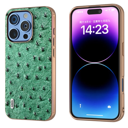 For iPhone 16 Pro ABEEL Electroplating Frame Genuine Leather Ostrich Texture Phone Case(Green) - iPhone 16 Pro Cases by buy2fix | Online Shopping UK | buy2fix