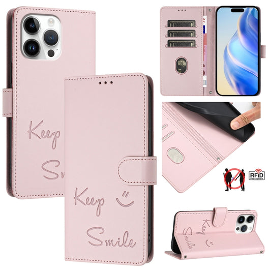 For iPhone 16 Pro Max Smile Embossing RFID Leather Phone Case(Pink) - iPhone 16 Pro Max Cases by buy2fix | Online Shopping UK | buy2fix