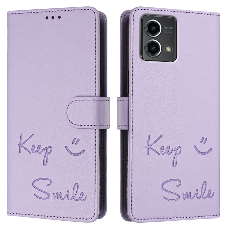 For Motorola Moto G Stylus 5G 2024 Smile Embossing RFID Leather Phone Case(Light Purple) - Motorola Cases by buy2fix | Online Shopping UK | buy2fix