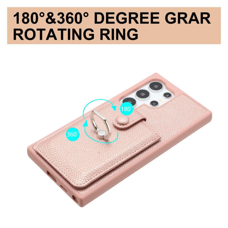 For Samsung Galaxy S25 Ultra 5G Litchi Texture Drawing Card Bag Ring Holder Phone Case(Rose Gold) - Galaxy S25 Ultra 5G Cases by buy2fix | Online Shopping UK | buy2fix