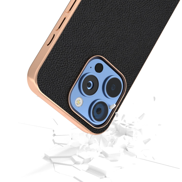 For iPhone 16 Pro Max ABEEL Electroplating Frame Genuine Leather + PC Litchi Texture Phone Case(Black) - iPhone 16 Pro Max Cases by buy2fix | Online Shopping UK | buy2fix