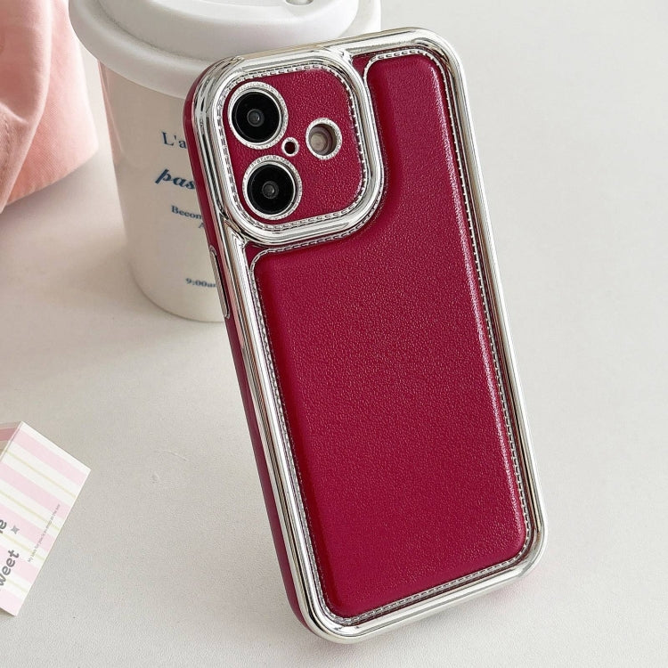 For iPhone 16 Plus Electroplated Edge Frosted Leather TPU Phone Case(Wine Red) - iPhone 16 Plus Cases by buy2fix | Online Shopping UK | buy2fix