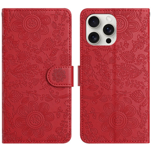 For iPhone 16 Pro Floral Embossed Pattern Leather Phone Case(Red) - iPhone 16 Pro Cases by buy2fix | Online Shopping UK | buy2fix