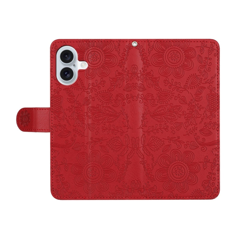 For iPhone 16 Floral Embossed Pattern Leather Phone Case(Red) - iPhone 16 Cases by buy2fix | Online Shopping UK | buy2fix