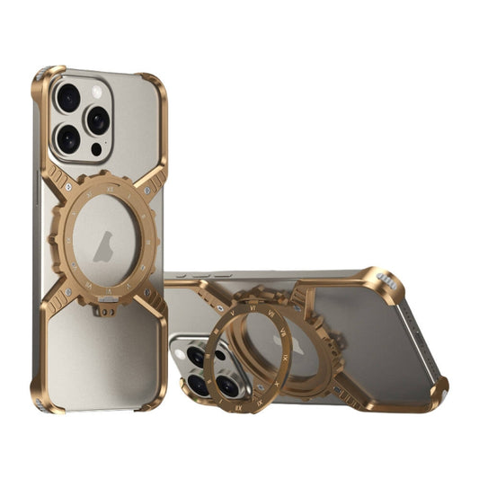 For iPhone 16 Pro Max Mechanical Gear MagSafe Holder Borderless Metal Phone Case(Gold) - iPhone 16 Pro Max Cases by buy2fix | Online Shopping UK | buy2fix