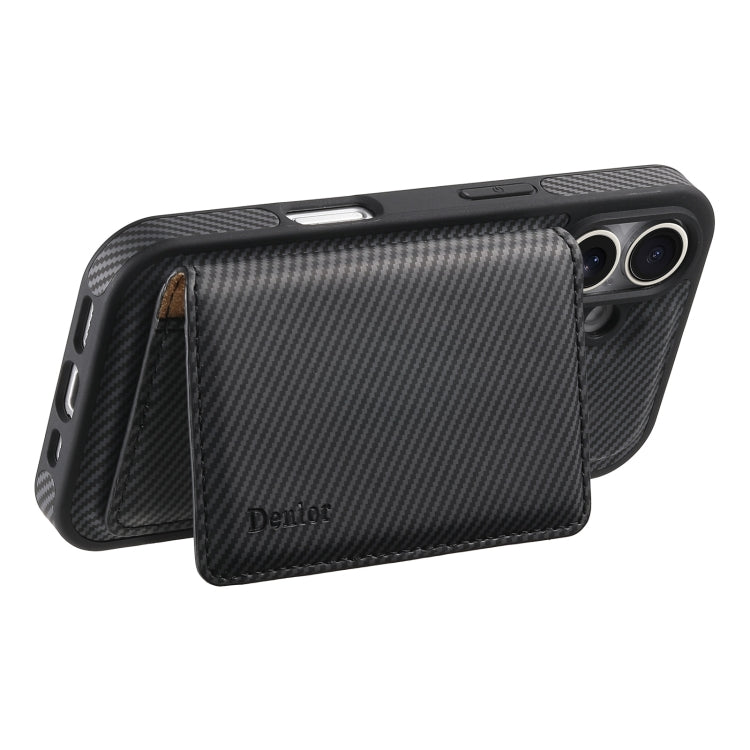 For iPhone 16 Plus Denior Carbon Fiber Texture Leather Card Bag MagSafe Phone Case(Black) - iPhone 16 Plus Cases by Denior | Online Shopping UK | buy2fix