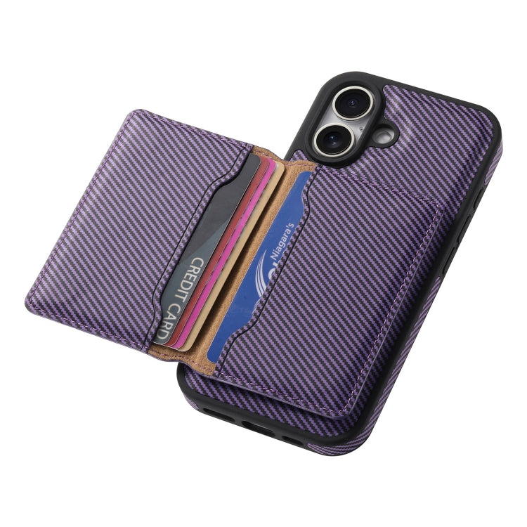 For iPhone 16 Plus Denior Carbon Fiber Texture Leather Card Bag MagSafe Phone Case(Purple) - iPhone 16 Plus Cases by Denior | Online Shopping UK | buy2fix