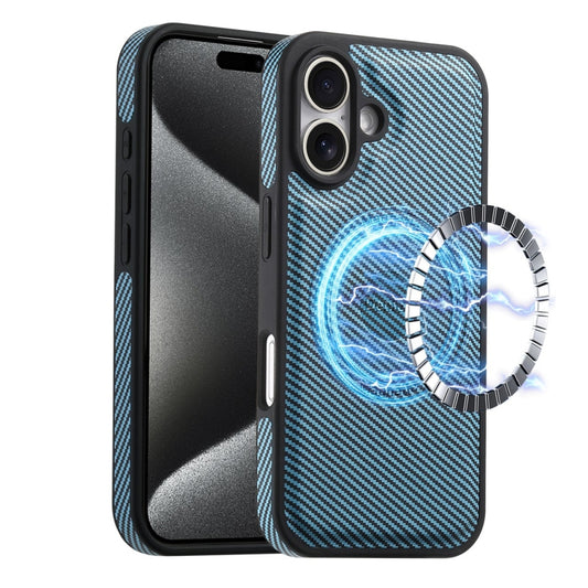 For iPhone 16 Denior Carbon Fiber Texture Leather MagSafe Phone Case(Blue) - iPhone 16 Cases by Denior | Online Shopping UK | buy2fix