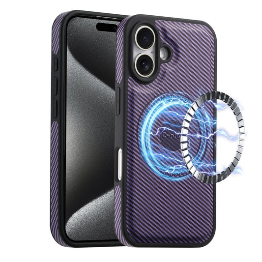 For iPhone 16 Denior Carbon Fiber Texture Leather MagSafe Phone Case(Purple) - iPhone 16 Cases by Denior | Online Shopping UK | buy2fix