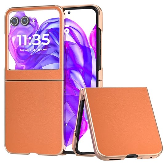 For Motorola Razr 50 PU Leather Electroplating Frame Full Coverage Phone Case(Orange) - Motorola Cases by buy2fix | Online Shopping UK | buy2fix