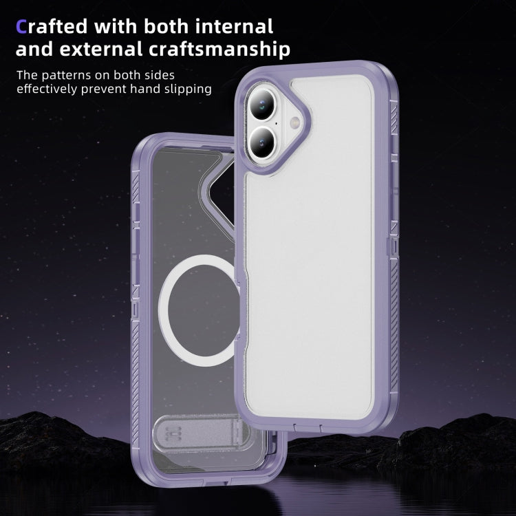 For iPhone 16 Guard MagSafe Holder Matte PC Hybrid TPU Phone Case(Purple Transparent) - iPhone 16 Cases by buy2fix | Online Shopping UK | buy2fix