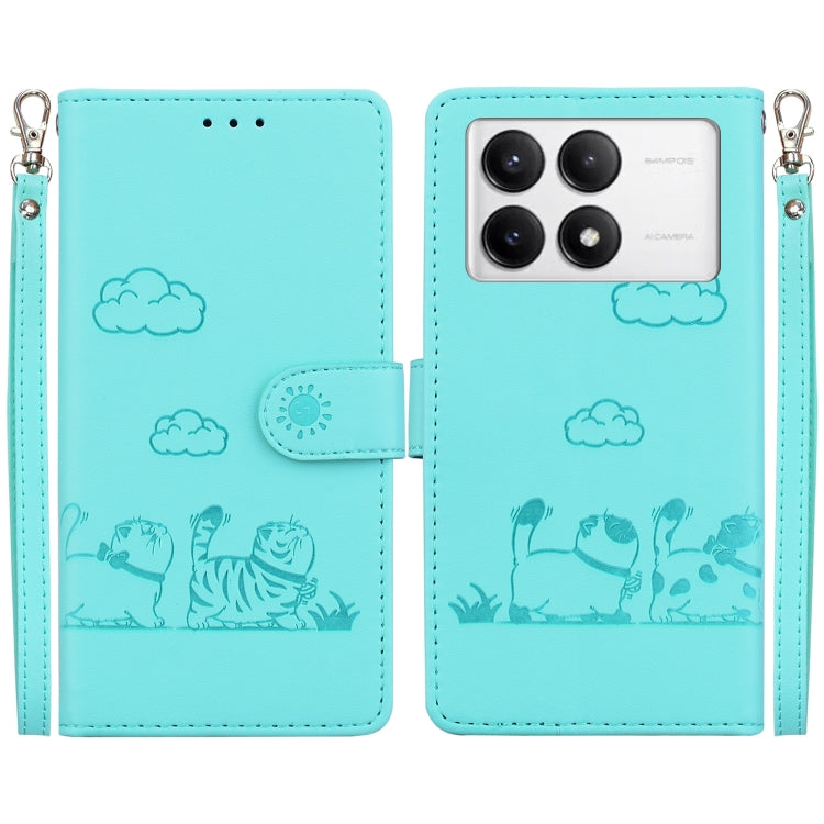 For Redmi K70 / K70 Pro Cute Cats RFID Leather Phone Case(Green) - K70 Cases by buy2fix | Online Shopping UK | buy2fix