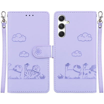 For Samsung Galaxy S25 5G Cute Cats RFID Leather Phone Case(Purple) - Galaxy S25 5G Cases by buy2fix | Online Shopping UK | buy2fix