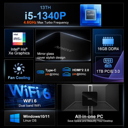 Ninkear N13 Windows 11 WiFi 6 Bluetooth 5.2 Mini PC, 16GB+1TB, Intel i5 1340P(US Plug) - Windows Mini PCs by Ninkear | Online Shopping UK | buy2fix