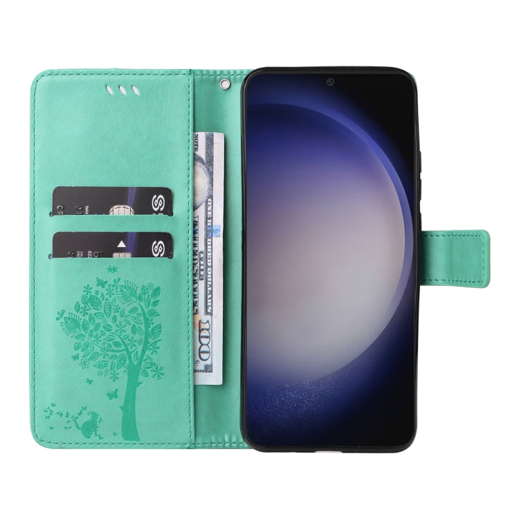 For Samsung Galaxy S25 / S24 5G Tree & Cat Embossed Pattern Flip Leather Phone Case(Green) - Galaxy S25 5G Cases by buy2fix | Online Shopping UK | buy2fix