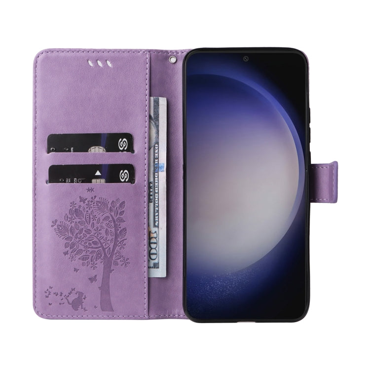 For Samsung Galaxy S25 / S24 5G Tree & Cat Embossed Pattern Flip Leather Phone Case(Light Purple) - Galaxy S25 5G Cases by buy2fix | Online Shopping UK | buy2fix