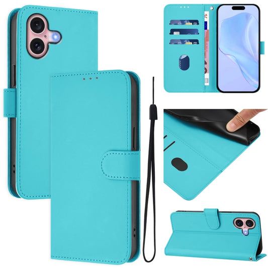 For iPhone 16 Skin Feel Solid Color Leather Phone Case with Lanyard(Lake Blue) - iPhone 16 Cases by buy2fix | Online Shopping UK | buy2fix