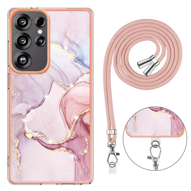 For Samsung Galaxy S25 Ultra 5G Electroplating Marble Dual-side IMD Phone Case with Lanyard(Rose Gold 005) - Galaxy S25 Ultra 5G Cases by buy2fix | Online Shopping UK | buy2fix