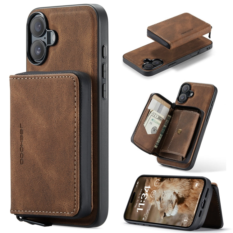 For iPhone 16 JEEHOOD J02 Magnetic Zipper Horizontal Flip Leather Phone Case(Brown) - iPhone 16 Cases by JEEHOOD | Online Shopping UK | buy2fix