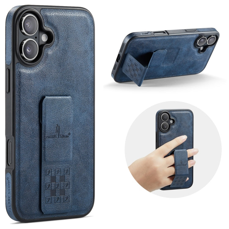 For iPhone 16 Plus Fierre Shann Oil Wax Cow Leather Holder Back Phone Case(Blue) - iPhone 16 Plus Cases by FIERRE SHANN | Online Shopping UK | buy2fix