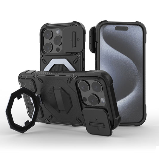 For iPhone 15 Pro Max Camera Shield Armor MagSafe Holder Phone Case with Strap(Black) - iPhone 15 Pro Max Cases by buy2fix | Online Shopping UK | buy2fix