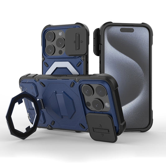 For iPhone 15 Pro Max Camera Shield Armor MagSafe Holder Phone Case with Strap(Sapphire Blue) - iPhone 15 Pro Max Cases by buy2fix | Online Shopping UK | buy2fix