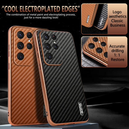 For Samsung Galaxy S25 Ultra 5G AZNS Electroplated Edge Carbon Fiber Texture Phone Case(Brown) - Galaxy S25 Ultra 5G Cases by AZNS | Online Shopping UK | buy2fix