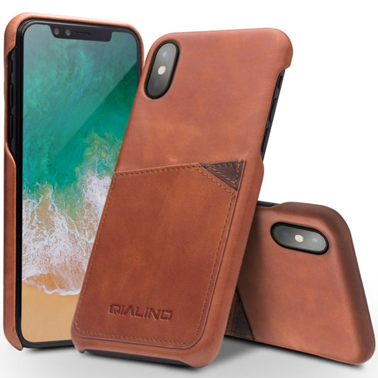 For iPhone X / XS QIALINO Shockproof Cowhide Leather Protective Case with Card Slot(Light Brown) - More iPhone Cases by QIALINO | Online Shopping UK | buy2fix