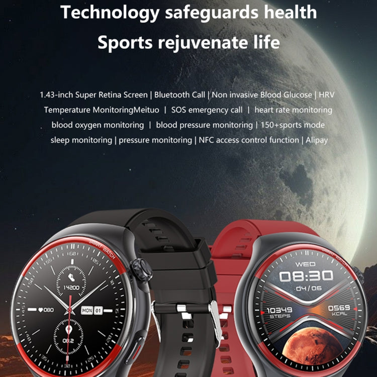 T82 1.43 inch Round Screen BT Call Smart Watch, Heart Rate / Blood Pressure / Blood Oxygen / Sleep / Blood Sugar / HRV / Metope / SOS, Strap:Silicone Red - Smart Wristbands by buy2fix | Online Shopping UK | buy2fix