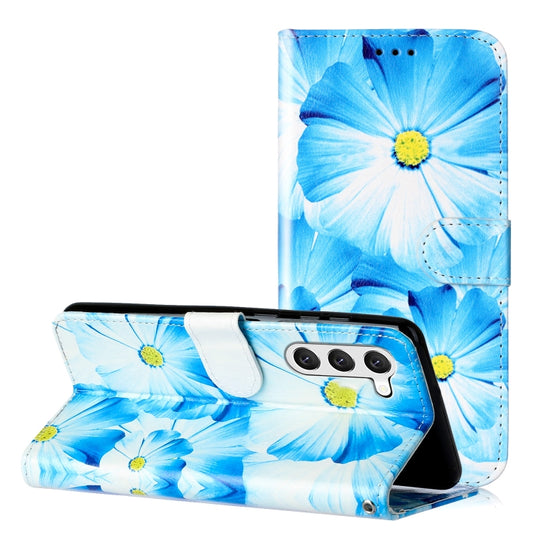 For Samsung Galaxy S25+ 5G Colored Drawing Marble Pattern Leather Phone Case(Blue Flower) - Galaxy S25+ 5G Cases by buy2fix | Online Shopping UK | buy2fix