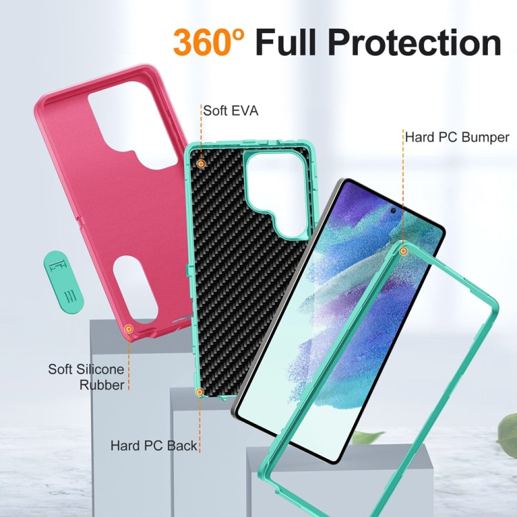 For Samsung Galaxy S25 Ultra 5G Rugged PC Hybrid Silicone Phone Case with Holder(Rose Red+Light Green) - Galaxy S25 Ultra 5G Cases by buy2fix | Online Shopping UK | buy2fix