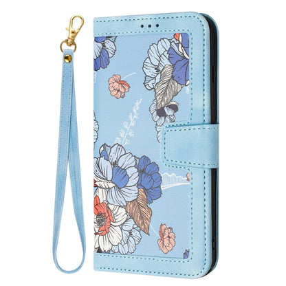 For Samsung Galaxy S25 Ultra 5G Floral Pattern Leather Phone Case with Lanyard(Light Blue) - Galaxy S25 Ultra 5G Cases by buy2fix | Online Shopping UK | buy2fix