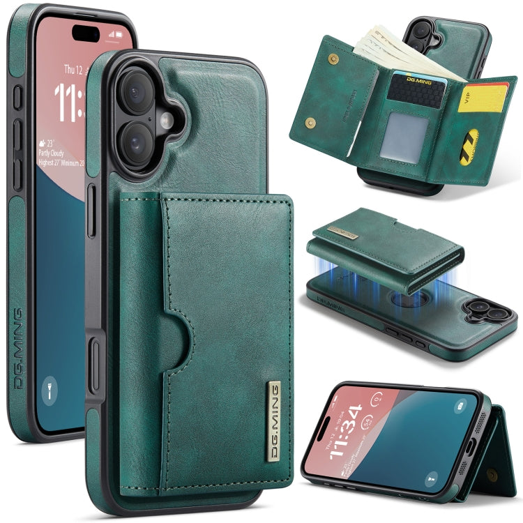 For iPhone 16 DG.MING M6 Series RFID Tri-fold Card Bag Removable Leather Phone Case(Green) - iPhone 16 Cases by DG.MING | Online Shopping UK | buy2fix