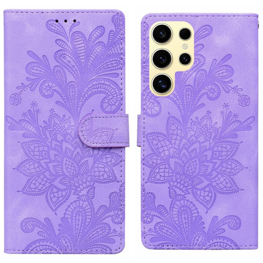 For Samsung Galaxy S25 Ultra 5G Lace Floral Embossed Magnetic Buckle PU Phone Case With Wrist Strap(Purple) - Galaxy S25 Ultra 5G Cases by buy2fix | Online Shopping UK | buy2fix