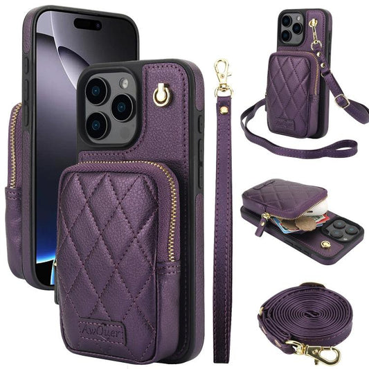 For iPhone 16 Pro AwQuer Crossbody Zipper Wallet Bag Litchi Leather Phone Case(Dark Purple) - iPhone 16 Pro Cases by Awquer | Online Shopping UK | buy2fix