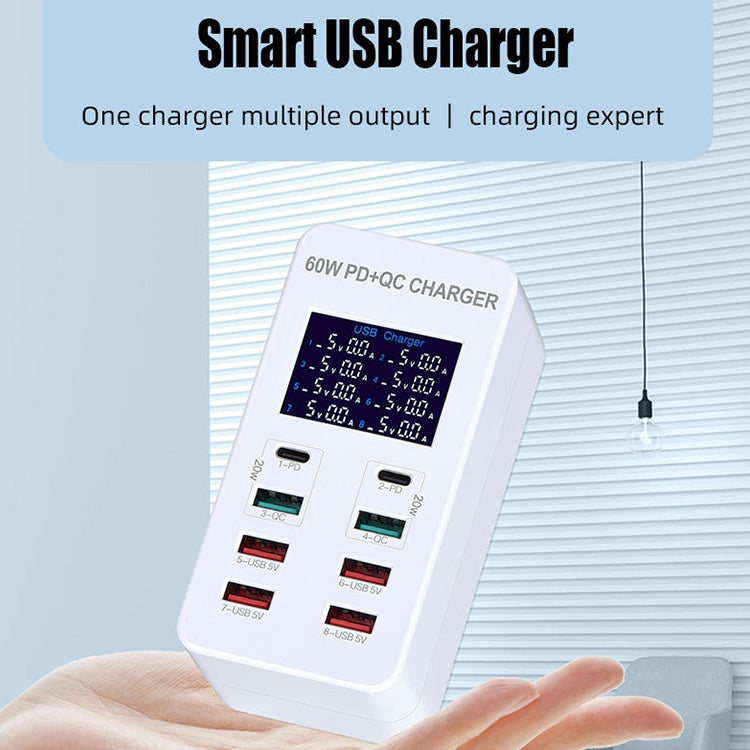 A8T 60W 8 Ports USB + QC3.0 + PD Type-C Smart Charging Station with Digital Display AC100-240V, US Plug - Multifunction Charger by buy2fix | Online Shopping UK | buy2fix