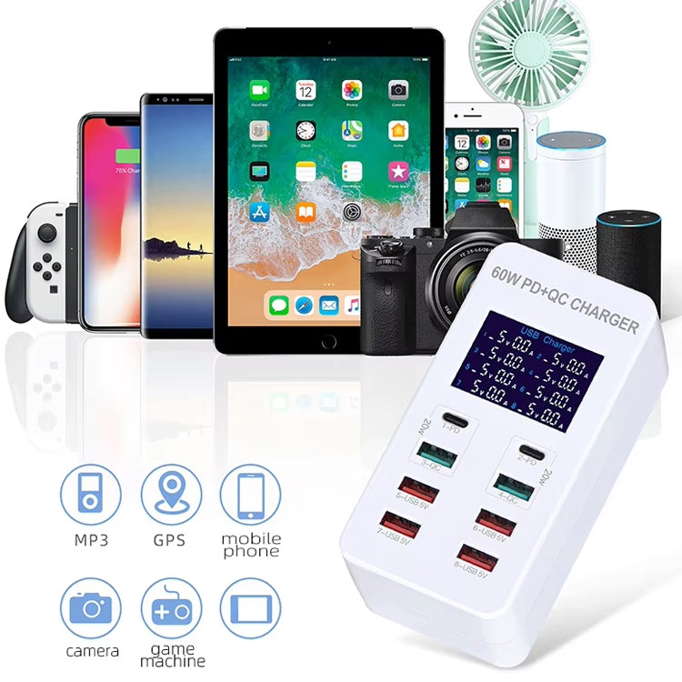 A8T 60W 8 Ports USB + QC3.0 + PD Type-C Smart Charging Station with Digital Display AC100-240V, US Plug - Multifunction Charger by buy2fix | Online Shopping UK | buy2fix