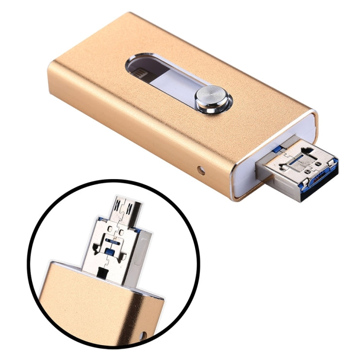 RQW-02 3 in 1 USB 2.0 & 8 Pin & Micro USB 32GB Flash Drive(Gold) - U Disk & Card Reader by buy2fix | Online Shopping UK | buy2fix