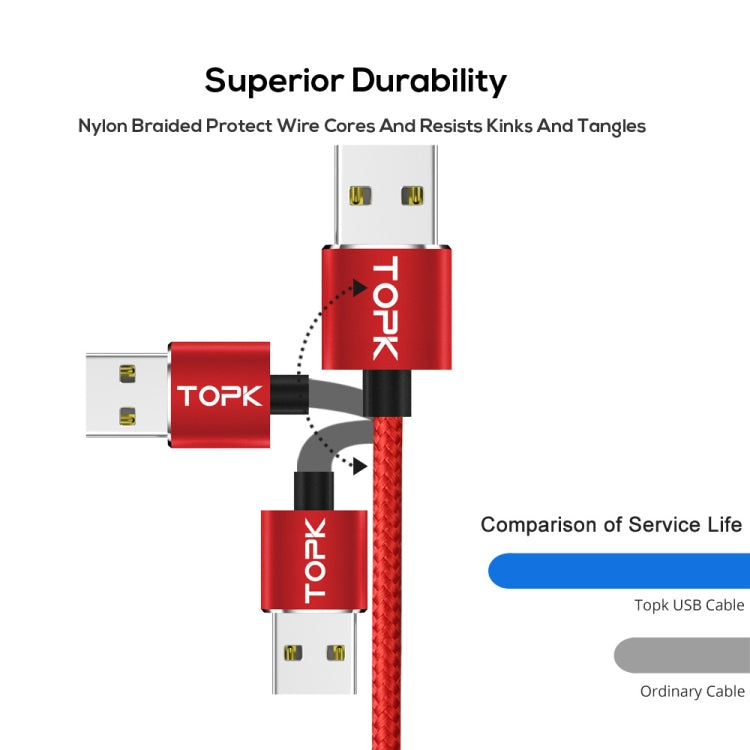 TOPK 2m 2.4A Max USB to 8 Pin + USB-C / Type-C + Micro USB Nylon Braided Magnetic Charging Cable with LED Indicator(Red) - Charging Cable & Head by TOPK | Online Shopping UK | buy2fix