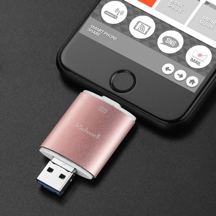 Richwell 3 in 1 32G Type-C + 8 Pin + USB 3.0 Metal Double Cover Push-pull Flash Disk with OTG Function(Rose Gold) - U Disk & Card Reader by Richwell | Online Shopping UK | buy2fix