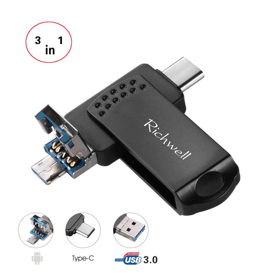 Richwell 3 in 1 32G Type-C + Micro USB + USB 3.0 Metal Flash Disk with OTG Function(Black) - U Disk & Card Reader by Richwell | Online Shopping UK | buy2fix