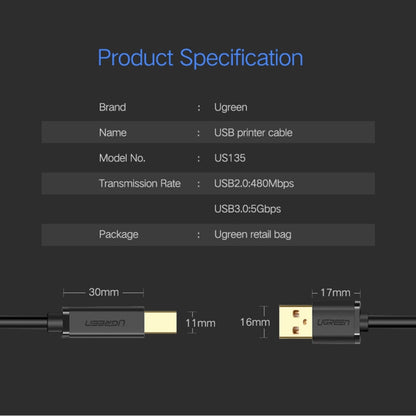 UGREEN USB 2.0 Nickel-plated Printer Cable Data Cable, For Canon, Epson, HP, Cable Length: 3m - USB Cable by UGREEN | Online Shopping UK | buy2fix