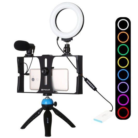 PULUZ 4 in 1 Vlogging Live Broadcast Smartphone Video Rig + 4.7 inch 12cm RGBW Ring LED Selfie Light + Microphone + Pocket Tripod Mount Kits with Cold Shoe Tripod Head(Blue) - Camera Cage by PULUZ | Online Shopping UK | buy2fix