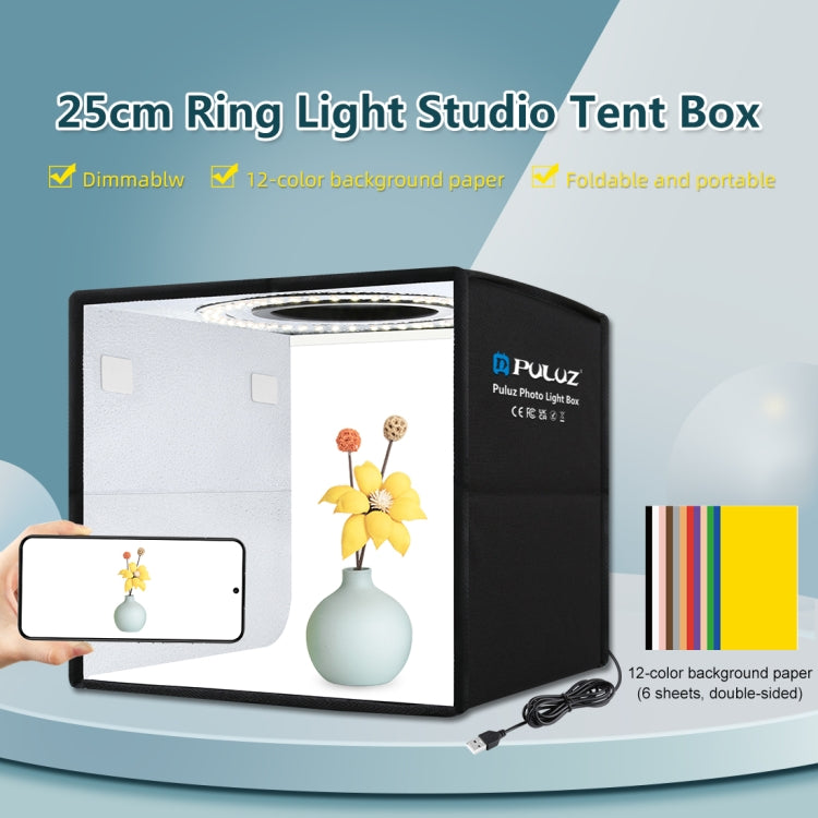 PULUZ 25cm Folding Portable High 97 CRI Ring Light Photo Lighting Studio Shooting Tent Box with 12 Colors Backdrops, Size: 25cm x 25cm x 25cm(Black) -  by PULUZ | Online Shopping UK | buy2fix