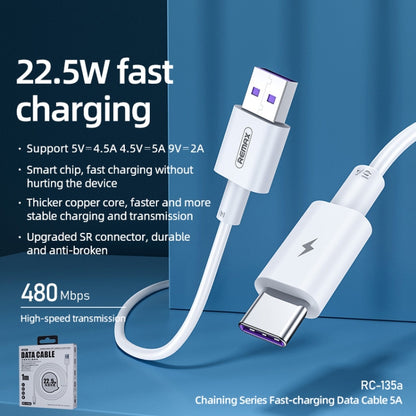 REMAX RC-135A 1m 5A USB to USB-C / Type-C 22.5W PD Fast Charging Data Cable (White) - USB-C & Type-C Cable by REMAX | Online Shopping UK | buy2fix