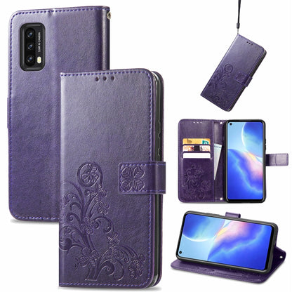 For Blackview A90 Four-leaf Clasp Embossed Buckle Mobile Phone Protection Leather Case with Lanyard & Card Slot & Wallet & Bracket Function(Purple) -  by buy2fix | Online Shopping UK | buy2fix
