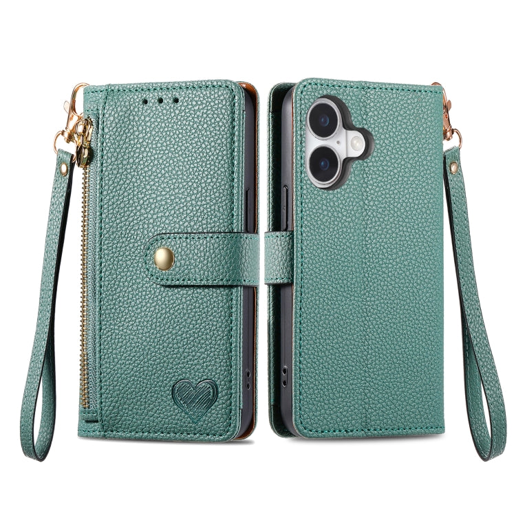 For iPhone 16 Pro Love Zipper Lanyard Leather Phone Case(Green) - iPhone 16 Pro Cases by buy2fix | Online Shopping UK | buy2fix