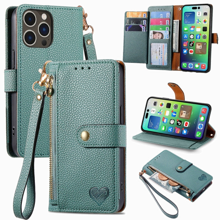 For iPhone 16 Pro Max Love Zipper Lanyard Leather Phone Case(Green) - iPhone 16 Pro Max Cases by buy2fix | Online Shopping UK | buy2fix